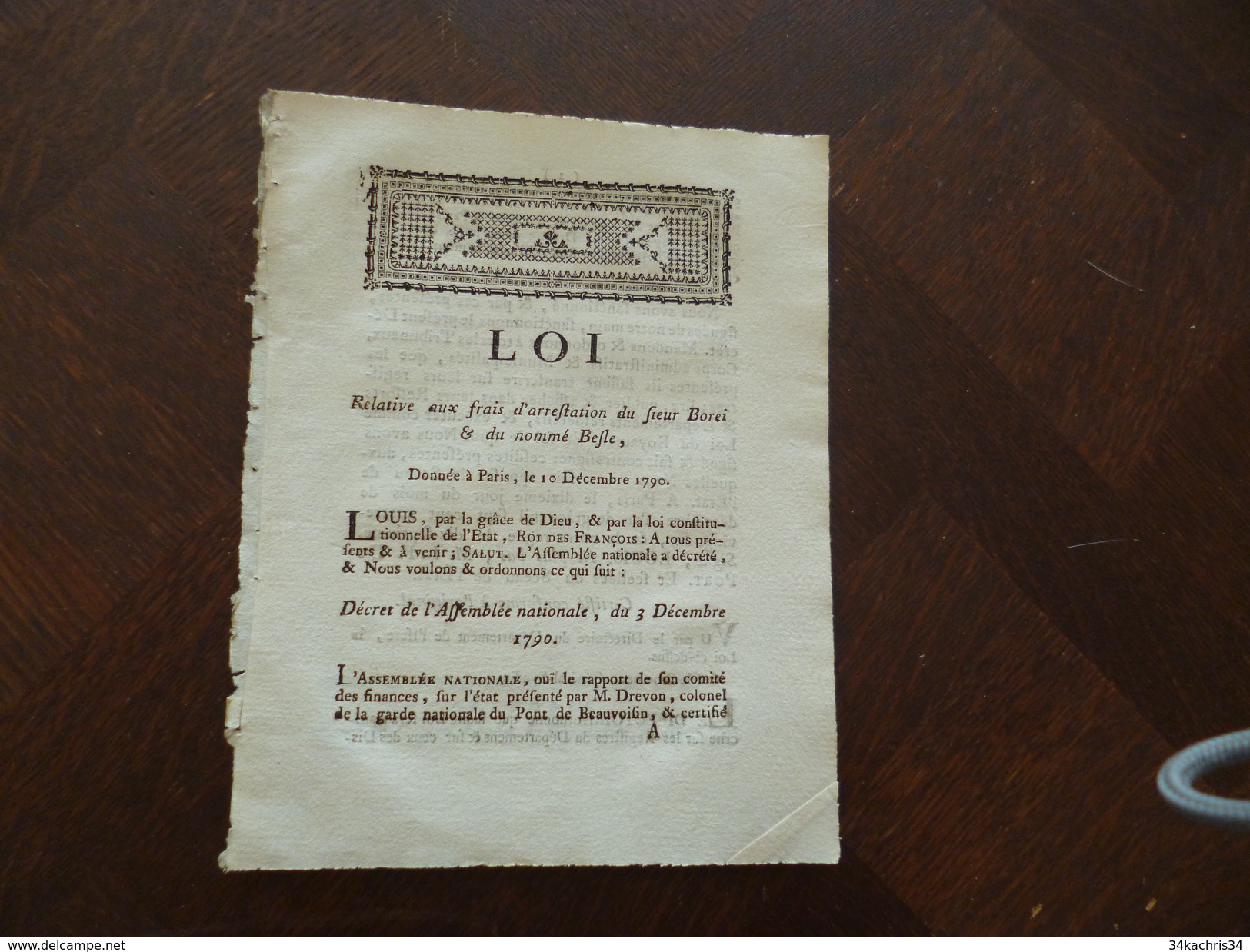 Loi 10/12/1790 Révolution Relative Aux Frais D'arrestation De Sieur Borei Et Du Nommé Besle Befle - Décrets & Lois