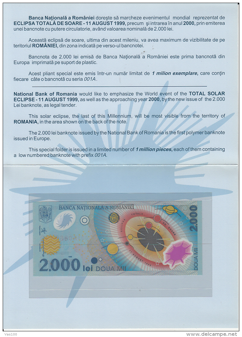 TOTAL SOLAR ECLIPSE, BANKNOTE AND BOOKLET, 1999, ROMANIA - Rumania