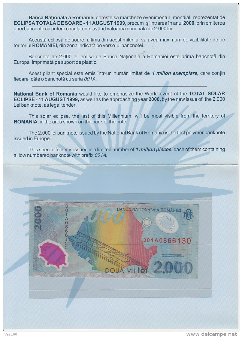 TOTAL SOLAR ECLIPSE, BANKNOTE AND BOOKLET, 1999, ROMANIA - Rumänien