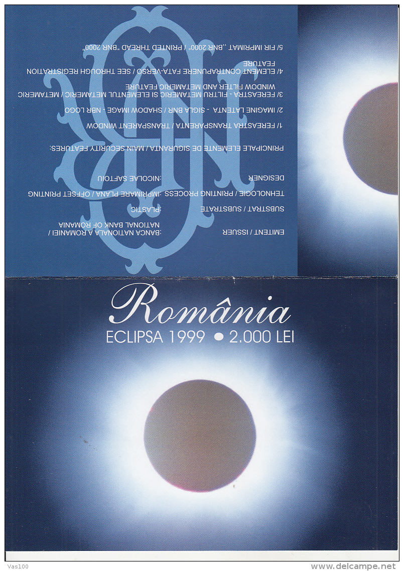 TOTAL SOLAR ECLIPSE, BANKNOTE AND BOOKLET, 1999, ROMANIA - Roumanie