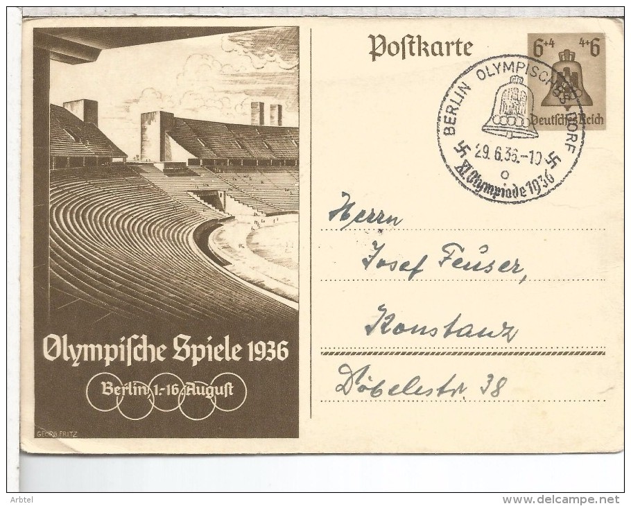 ALEMANIA 1936 ENTERO POSTAL JUEGOS OLIMPICOS DE BERLIN MAT OLYMPISCHES DORF - Sommer 1936: Berlin