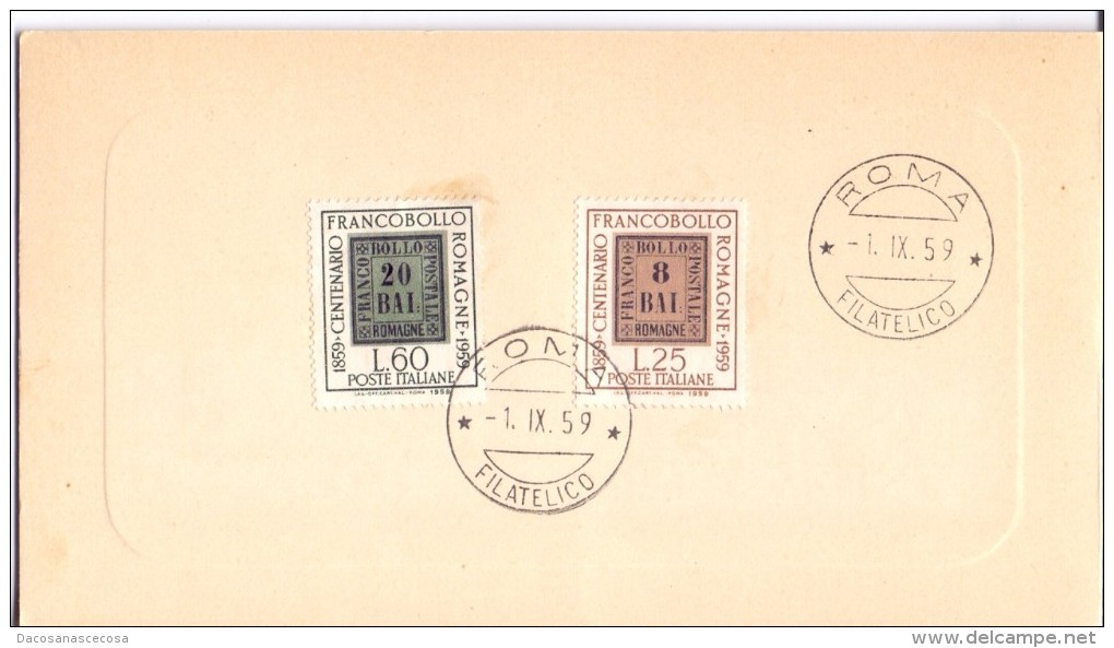 FOLDER - ITALIA -  CENTENARIO DEI FRANCOBOLLI DELLE ROMAGNE -  ANNO 1959 - TIMBRO ROMA FILATELICO - FDC