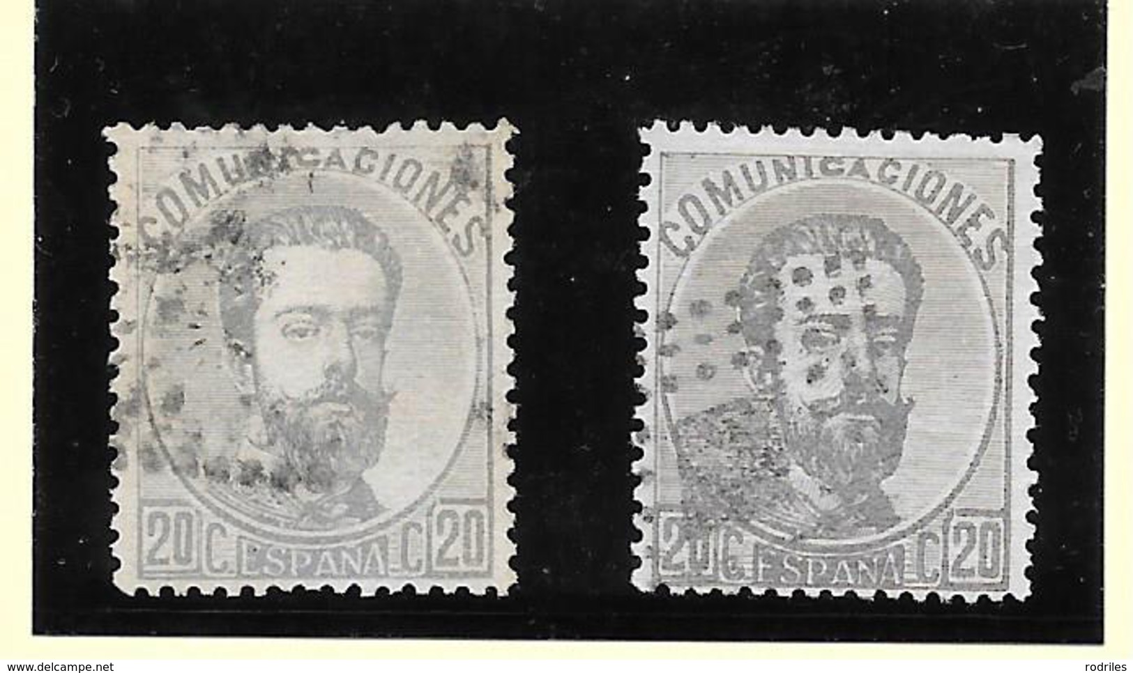 España- Dos Sellos De 20 Cts De Amadeo De Color Gris Y Color Lila Oscuro - Used Stamps