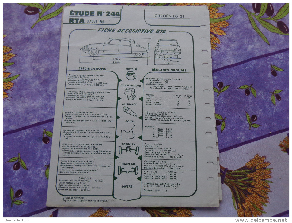 Fiche Technique Citroën DS21 DS21M,DS19A,DS19MA 1er Partie :format 21cm X 27cm - Automobile - F1