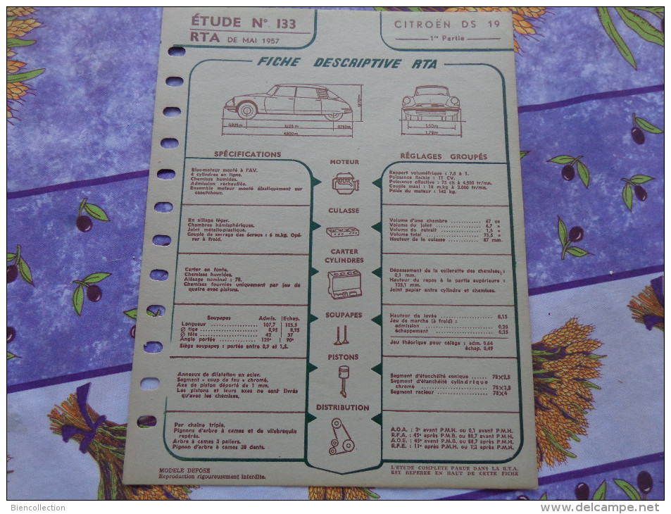 Fiche Technique Citroën DS  19 1ere Partie :format 21cm X 27cm - Automobile - F1