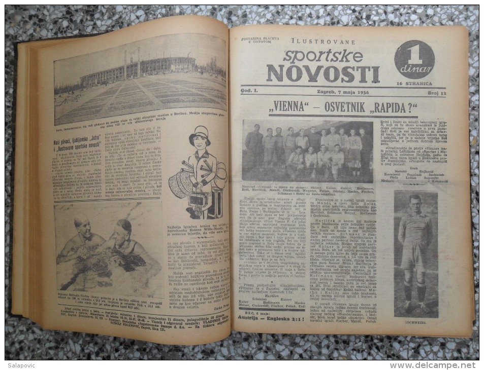 ILUSTROVANE SPORTSKE NOVOSTI,1936 ZAGREB FOOTBALL, SPORTS NEWS FROM THE KINGDOM OF YUGOSLAVIA, BOUND 46 NUMBERS