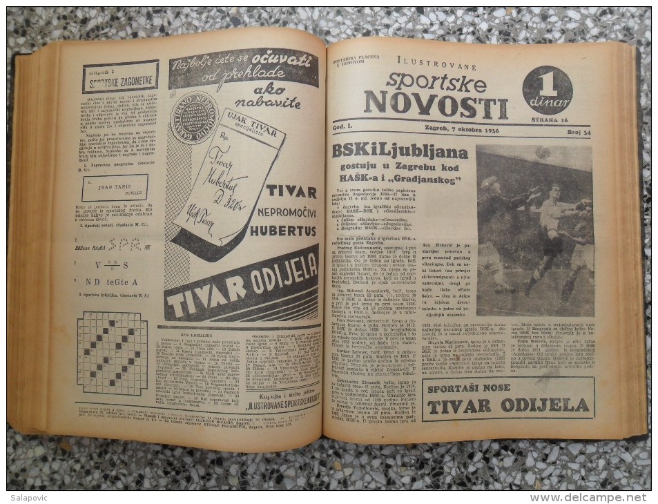 ILUSTROVANE SPORTSKE NOVOSTI,1936 ZAGREB FOOTBALL, SPORTS NEWS FROM THE KINGDOM OF YUGOSLAVIA, BOUND 46 NUMBERS