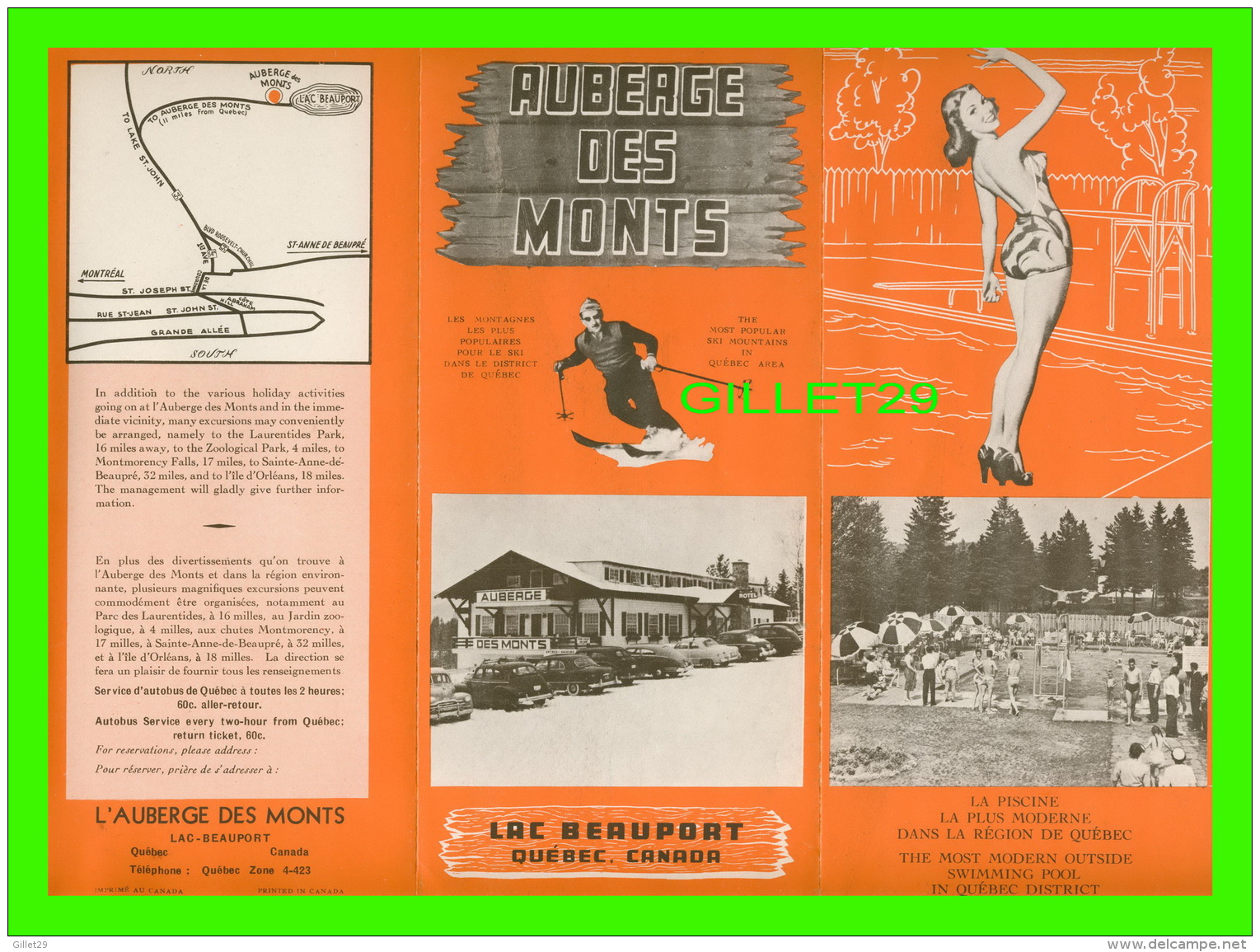 DÉPLIANTS TOURISTIQUES - AUBERGE DES MONTS, LAC BEAUPORT, QUÉBEC  EN 1950 - DIMENSION  23 X 31cm - 6 PAGES - - Dépliants Touristiques