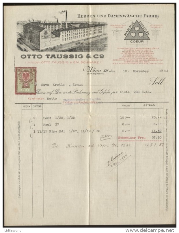 WIEN - "OTTO TAUSSIG & Co" - FACTURA INVOICE RECHNUNG 1924 - Autriche
