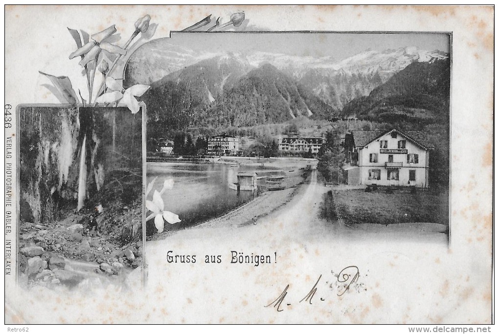 GRUSS AUS BÖNIGEN &#8594; Mehrbild Lichtdruck Anno 1901 &#9658;Stempel Grand Hotel Interlaken&#9668; - Bönigen