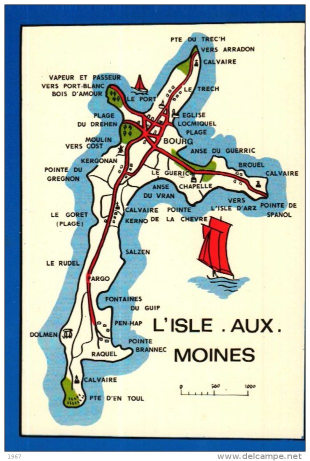 Carte Postale Géographique   -  L'ISLE AUX MOINES   (Edition Art Breton)   Recto-verso - Ile Aux Moines