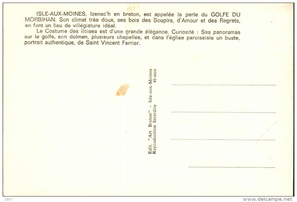 Carte Postale Géographique   -  L'ISLE AUX MOINES   (Edition Art Breton)   Recto-verso - Ile Aux Moines