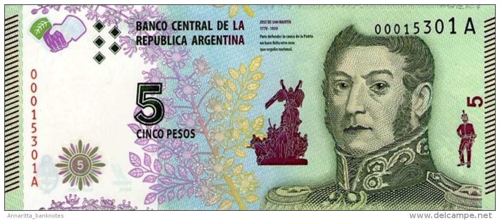 Argentina (BCRA) 5 Pesos ND (2015) Series A UNC Cat No. P-359a / AR415a - Argentine
