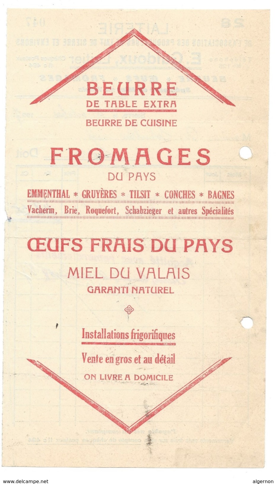 F22 - Facture Laiterie Des Producteurs De Lait Sierre Et Environs E. Guidoux Laitier 25.10.1927 - Suisse