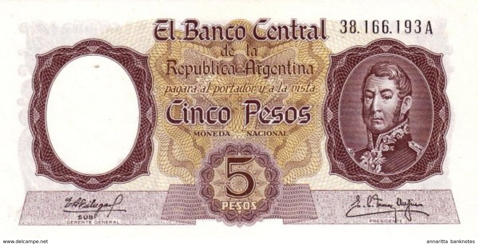 Argentina (BCRA) 5 Pesos ND (1968) Series A UNC Cat No. P-275c / AR328? - Argentinië