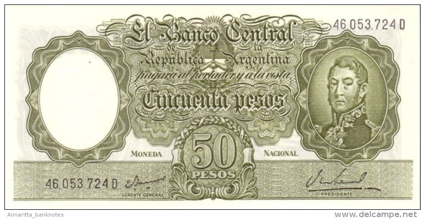 Argentina (BCRA) 50 Pesos 1968 Series D, W/O Ley AU/UNC Cat No. P-276a / AR329a - Argentine