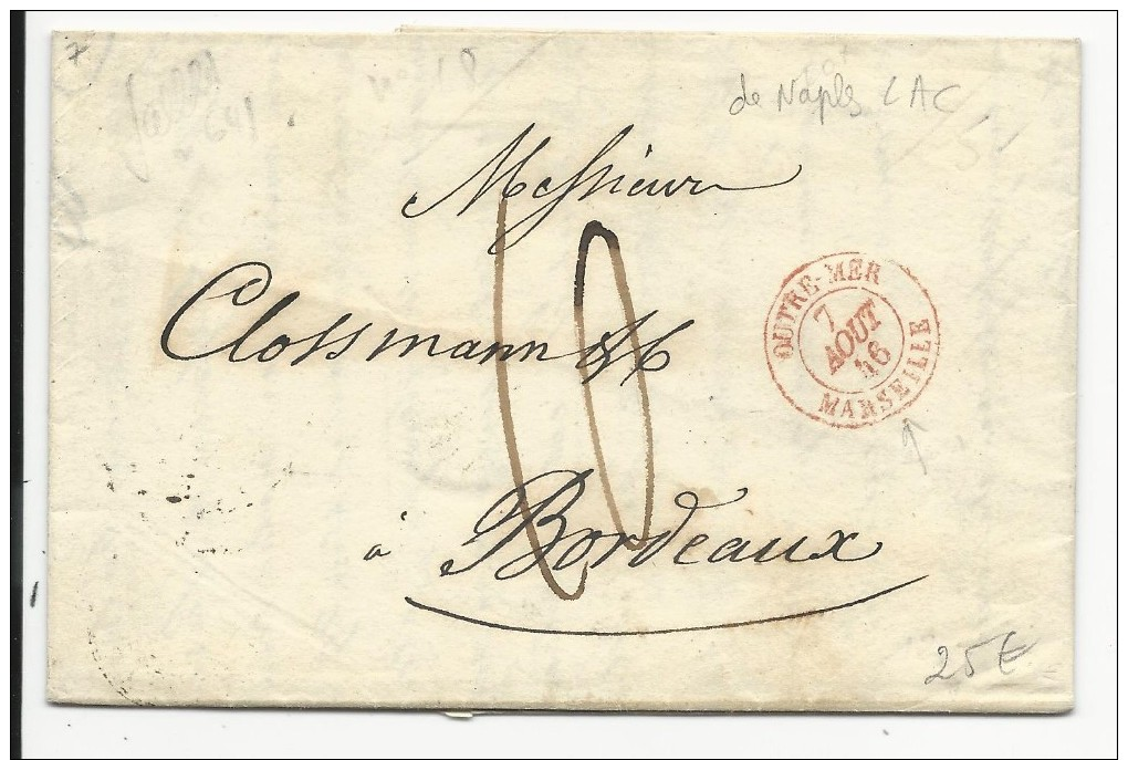 1846 - LETTRE De NAPLES (ITALIE) Avec MARQUE D'ENTREE "OUTREMER Par MARSEILLE" SUP Pour BORDEAUX - 1801-1848: Précurseurs XIX