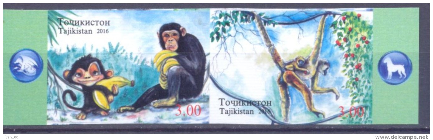 2016. Tajikistan, Lunar Calendar, The Year Of Monkey, 2v IMPERFORATED In Strip, Mint/** - Tadzjikistan