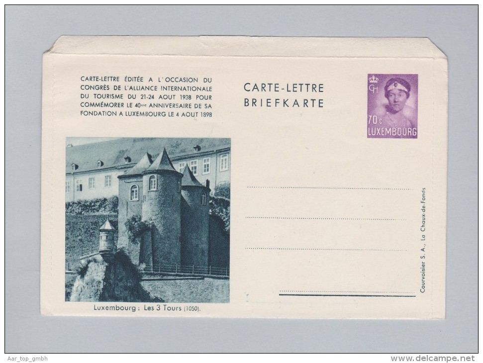 Luxembourg 1938 Bildpostkarte 70c Ungebraucht Bild Les 3 Tours - Entiers Postaux