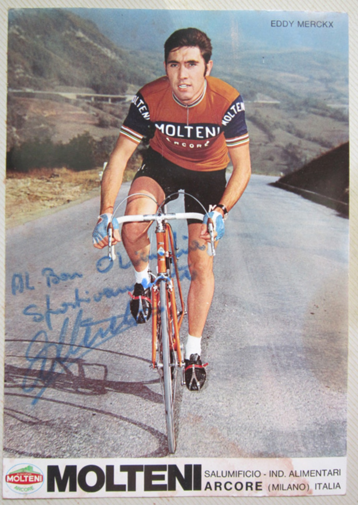 AUTOGRAFO CON DEDICA CICLISTA EDDY MERCKX CICLISMO PUBBLICITà MOLTENI SALUMIFICIO ARCORE MILANO - Other & Unclassified