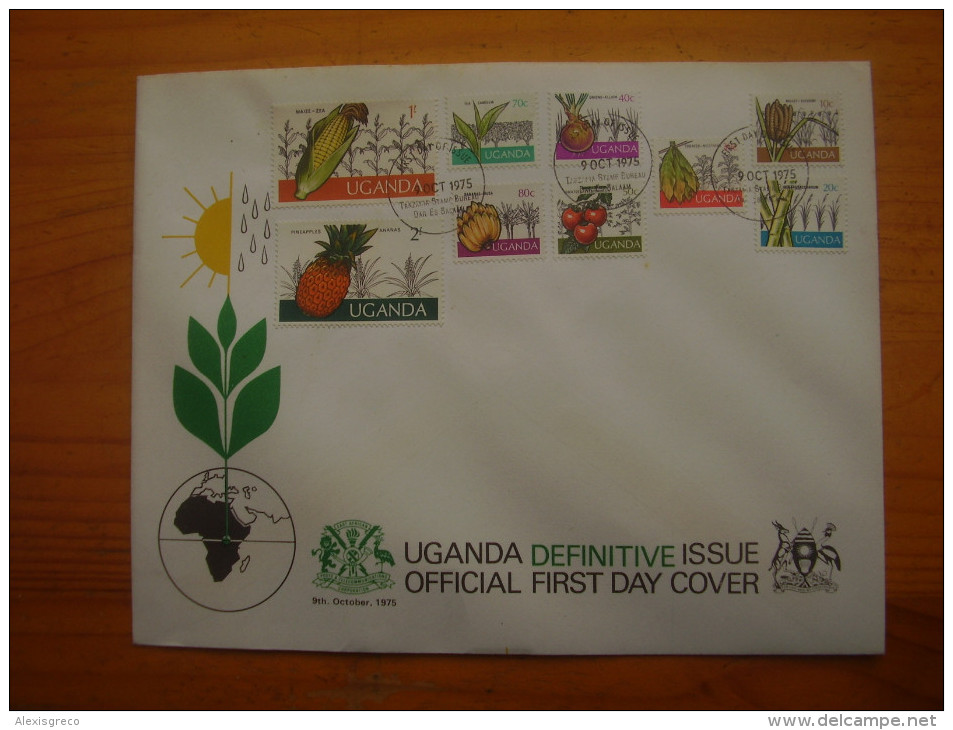 UGANDA 1975 UGANDAN CROPS Short Set To 2/- OFFICIAL ILLUSTRATED FDC (9stamps). - Uganda (1962-...)