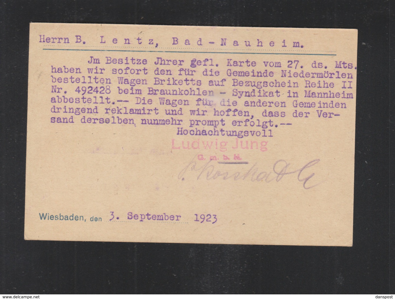 Dt. Reich PK Gebühr Bezahlt Wiesbaden 1923 - Briefe U. Dokumente