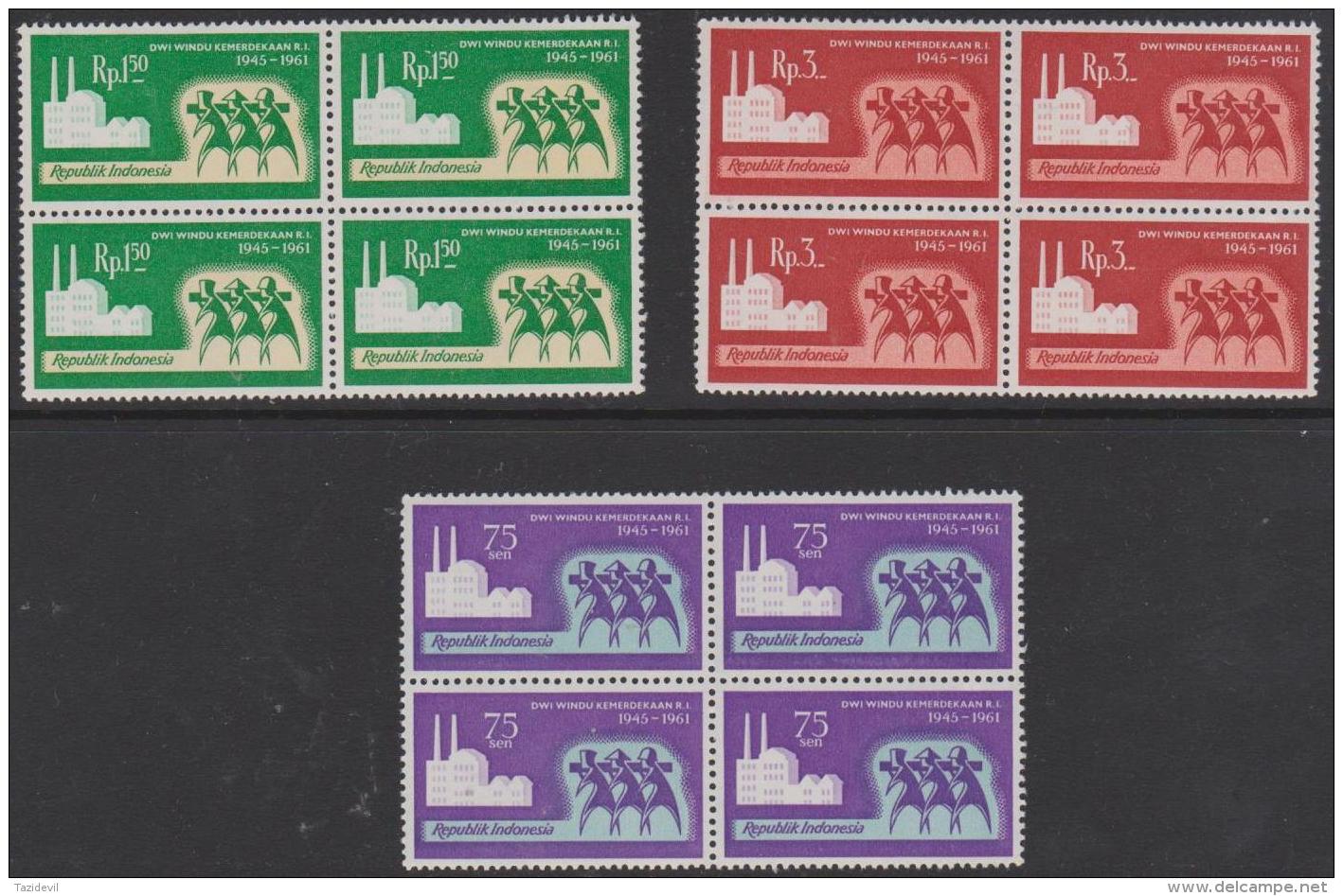 INDONESIA - 1961 Independence Anniversary Blocks Of Four. Scott 520-522. MNH - Indonesia