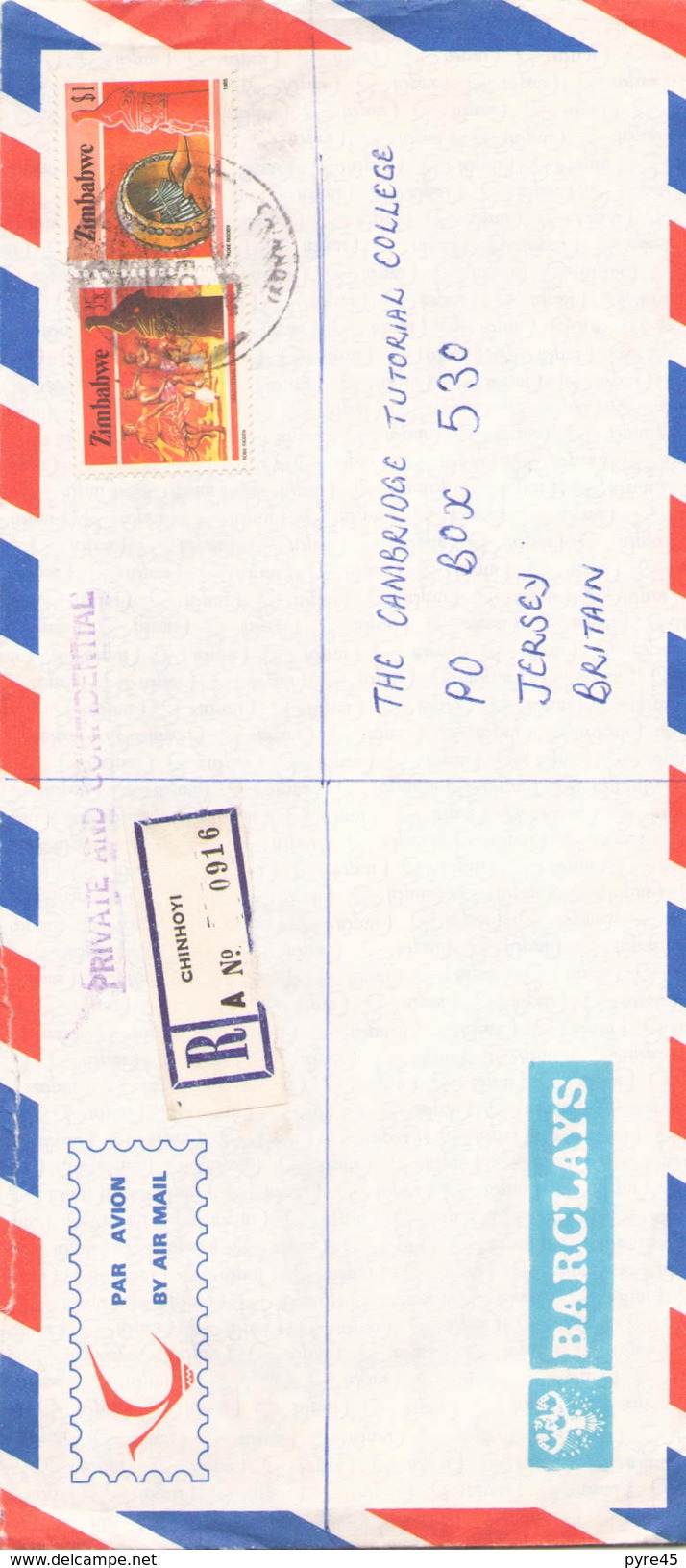 ZIMBABWE ENVELOPPE RECOMMANDEE DE CHINHOYI POUR JERSEY DU 1 DECEMBRE 1989 - Zimbabwe (1980-...)