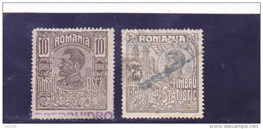 #193 REVENUE STAMP, 10 BANI, 25 BANI, KING FERDINAND, TWO STAMPS , ROMANIA. - Fiscale Zegels