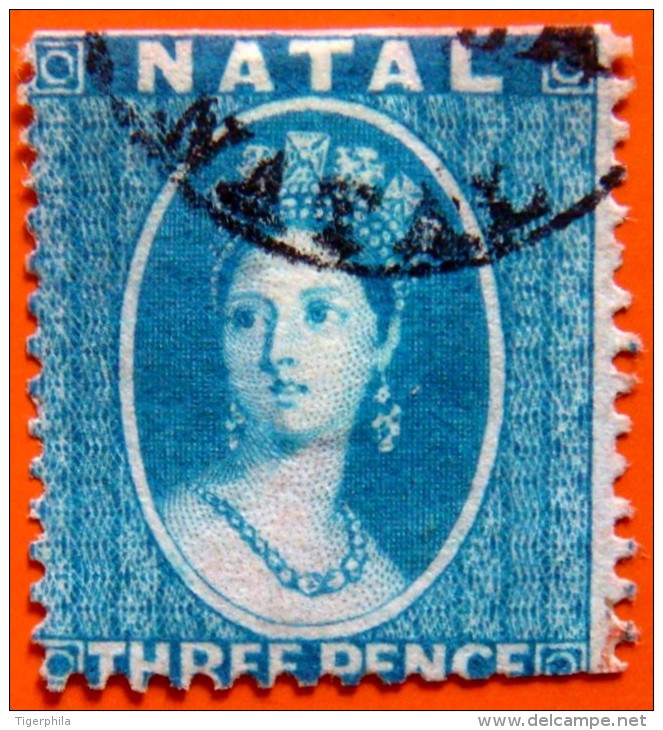 NATAL 1861 3d Queen Victoria Used UNWATERMARKED PERFORATION:14 Scott11 CV$80 TOP & BOTTOM MARGINS TRIMMED - Natal (1857-1909)