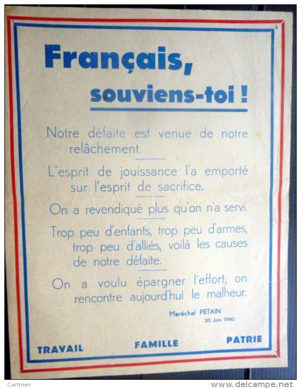 MARECHAL PETAIN   1940 REGIME DE VICHY TRACT DE PROPAGANDE FRANCAIS SOUVIENS TOI ! 1940 - Documents Historiques