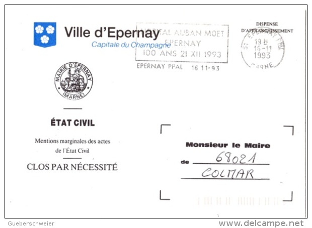 HOP-L9 - FRANCE Lettre En Franchise Postale De La Ville D'Epernay Flamme Du Centenaire De L'Hôpital Auban Moët - Civil Frank Covers