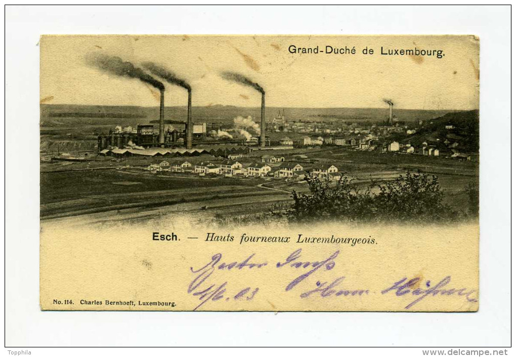 1903 Luxemburg Frankierte Ansichtskarte  Esch Hauts Fourneaux Hochöfen - Esch-Alzette