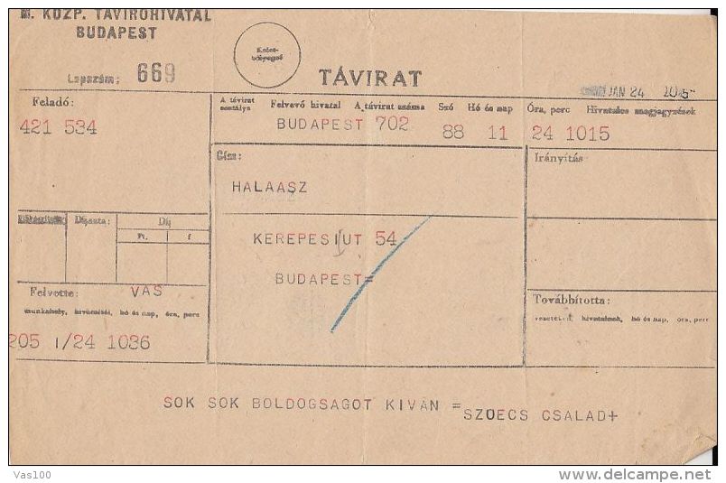 TELEGRAMME SENT LOCO IN BUDAPEST, ABOUT 1940, HUNGARY - Telegraaf