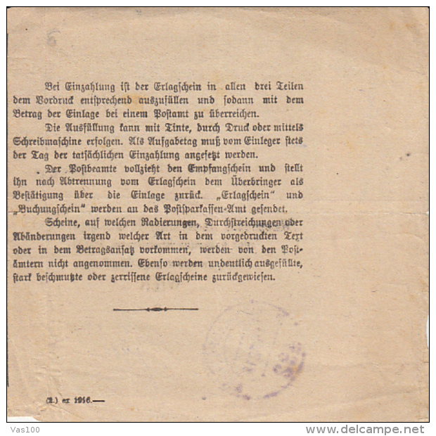 RECEIPT FOR WIDOWS AND ORPHANS HELPING FUND, CENSORED, 1918, AUSTRIA - Österreich