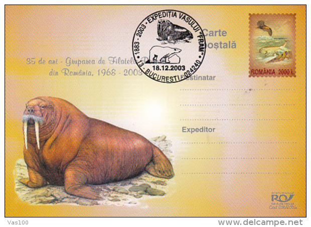 ARCTIC EXPEDITION, FRAM SHIP, POLAR BEAR, WALRUS, PC STATIONERY, ENTIER POSTAL, 2003, ROMANIA - Expediciones árticas