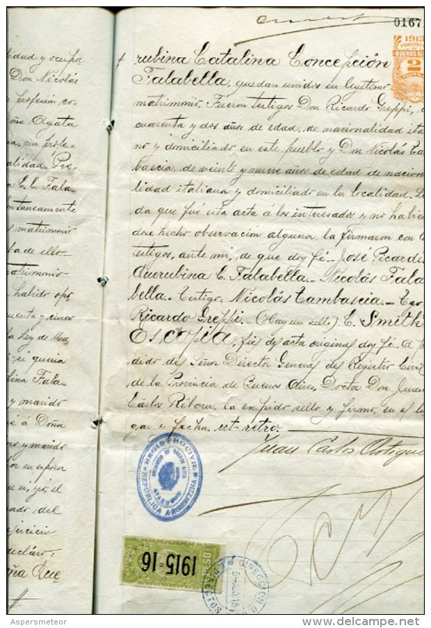 CERTIFICADO DE MATRIMONIO REGISTRO CIVIL  AYACUCHO REPUBLICA ARGENTINA 1915  ZTU. - Historische Documenten