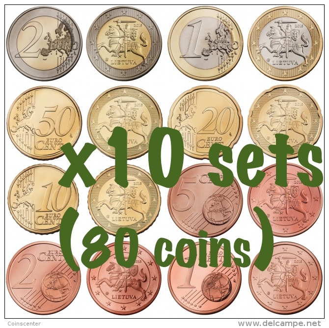 WHOLESALE 10 Sets: Lithuania Euro Full Set (8 Coins): 1 Cent - 2 Euro 2015 UNC - Lithuania