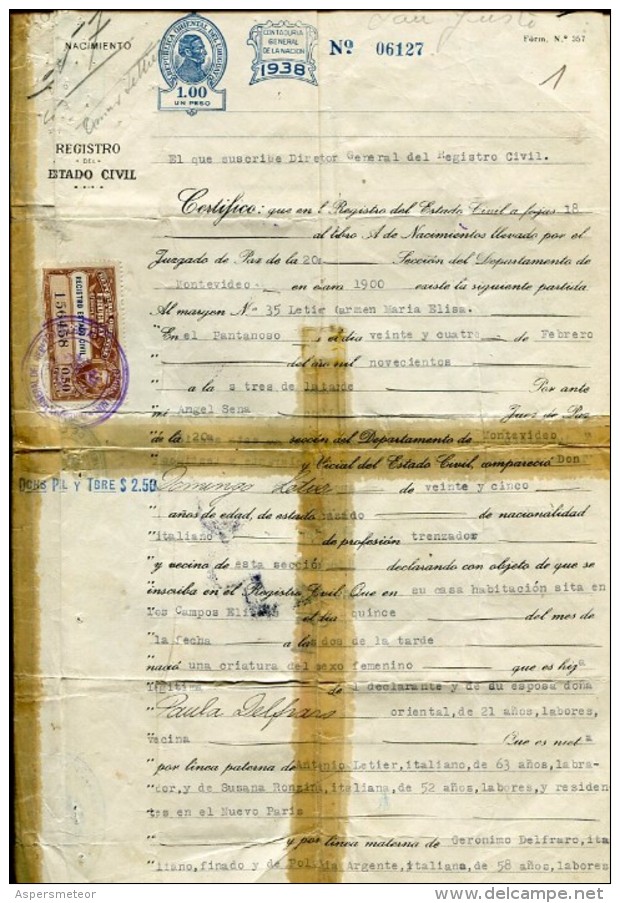 CERTIFICADO DE NACIMIENTO REPUBLICA ORIENTAL DEL URUGUAY AÑO 1948 ZTU. - Historische Dokumente