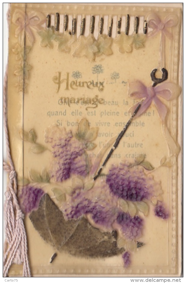 Matériaux - Celluloïd Celluloïde - Carte Porcelaine - Livret 4 Pages - Carte Gaufrée Lilas Parapluie - Heureux Mariage - Cartes Porcelaine