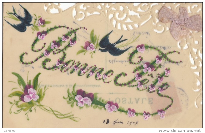 Matériaux - Celluloïd Celluloïde - Carte Porcelaine - Carte Peinte - Hirondelles - Bonne Fête - 1907 - Cartes Porcelaine