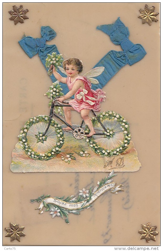 Matériaux - Celluloïd Celluloïde - Carte Porcelaine - Découpi Ange Vélo Muguet - Cartes Porcelaine