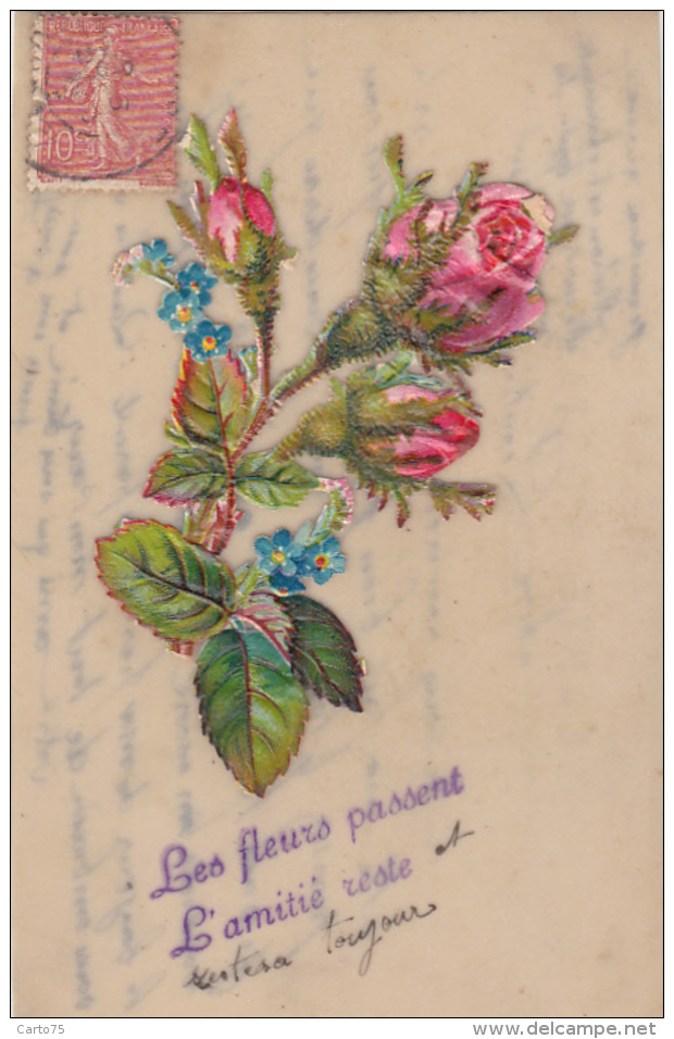 Matériaux - Celluloïd Celluloïde - Carte Porcelaine - Découpi Roses - Amitié - Cartes Porcelaine