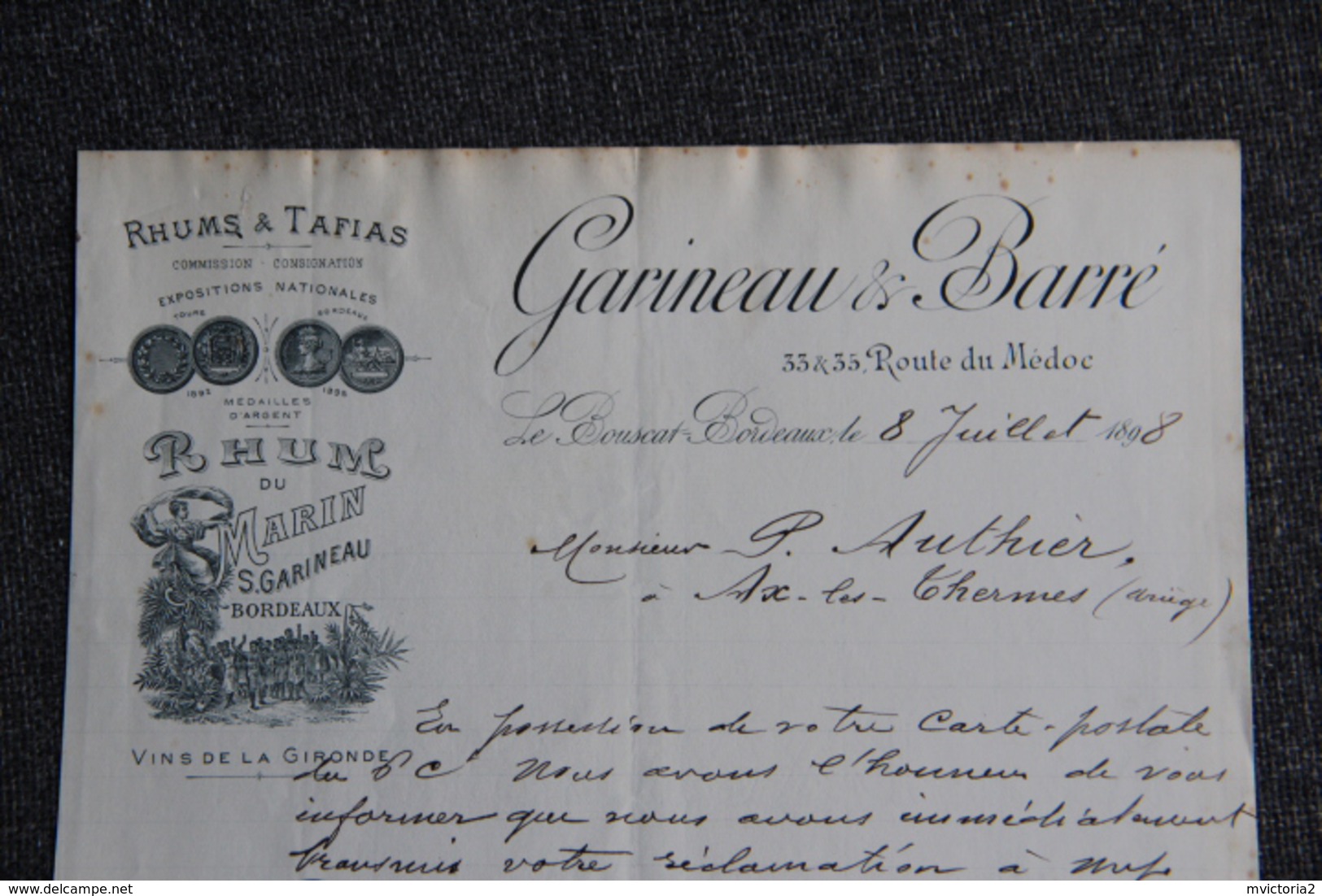 Ancienne Facture , LE BOUSCAT, GARINEAU Et BARRE, Rhums Et Tafias, " RHUM Du MARIN ", Vins De La GIRONDE - 1800 – 1899