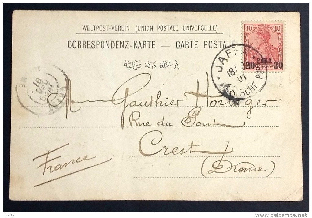 Oblitération JAFFA DEUTSCHE POST Sur Germania 20 Para Sur Carte Postale Jaffa Vers Crest Drôme 1901 - Other & Unclassified