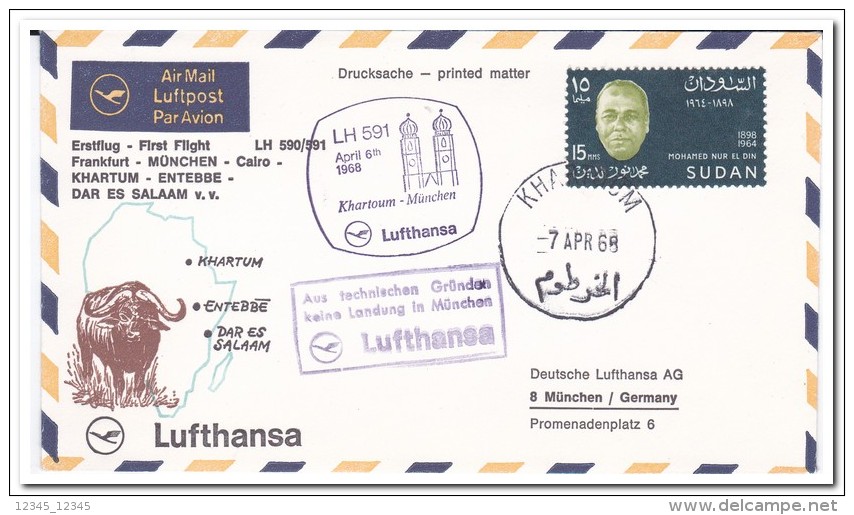 Soedan 1968, First Flight Airmail Letter, Frankfurt-München- Cairo-Khartum-Entebbe-Dar Es Salaam - Soedan (1954-...)