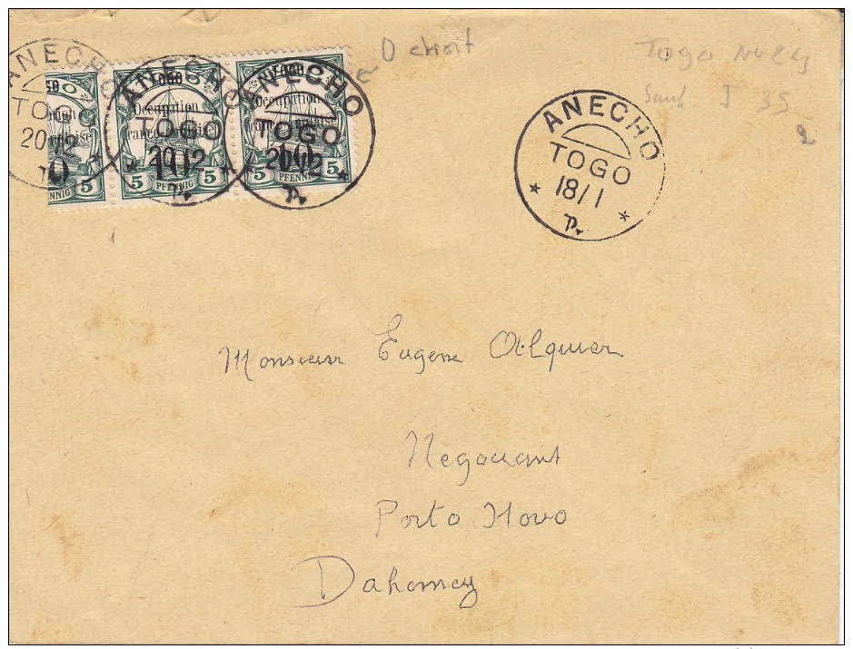 Togo ,n° 24 , 2 Timbres Et Demi Dont Un Avec Le O étroit ,pour Le Dahomey ,1915 ,2 Scans - Lettres & Documents