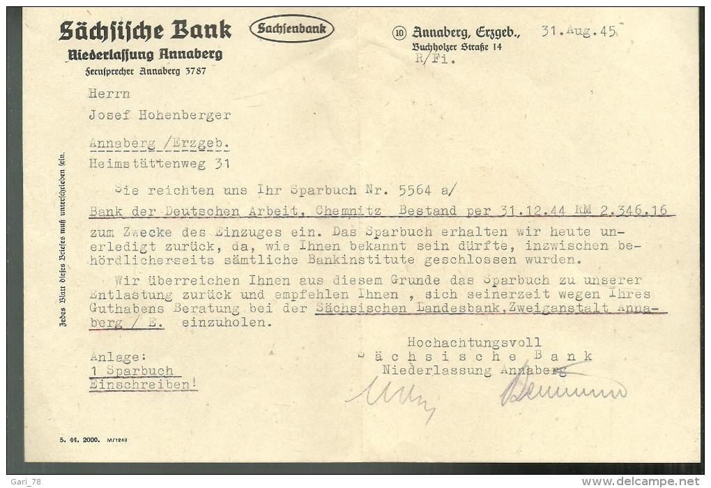 Lettre Du 31.8.1945  SÄCHSISCHE BANK NIEDERLASSUNG ANNABERG - Bank En Verzekering