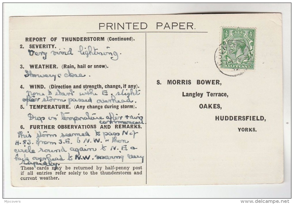 1931 COCKERHAM Cds GB GV Stamps COVER Postcard METEOROLOGY Report WEATHER STATION Re THUNDERSTORM - Climate & Meteorology