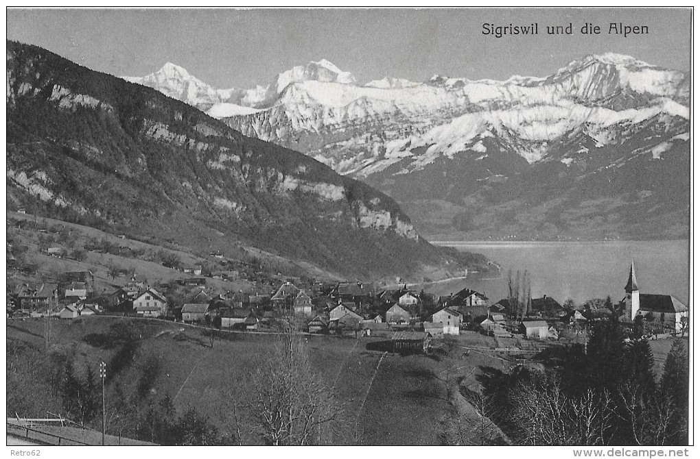 SIGRISWIL &#8594; Dorfansicht  Mit Den Alpen, Schöner Lichtdruck Anno 1916 &#9658;Stempel Hotel Pension Edelweiss&#9668; - Sigriswil